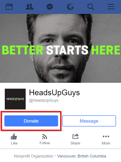 headupguys nonprofit organization asking for donation on their facebook page