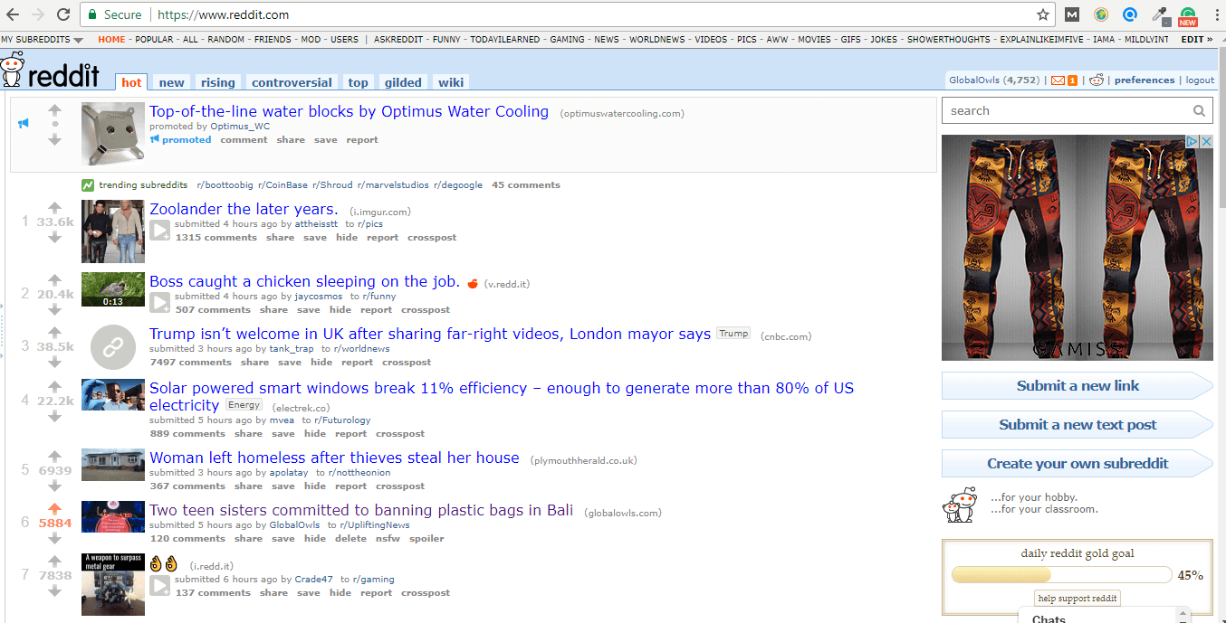 GlobalOwls on reddit front page