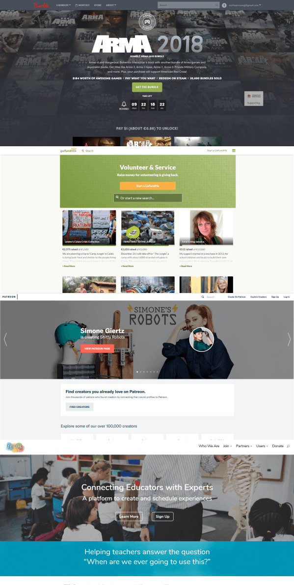 Humble Bundle, GoFundMe, Patreon, TEPHE Education