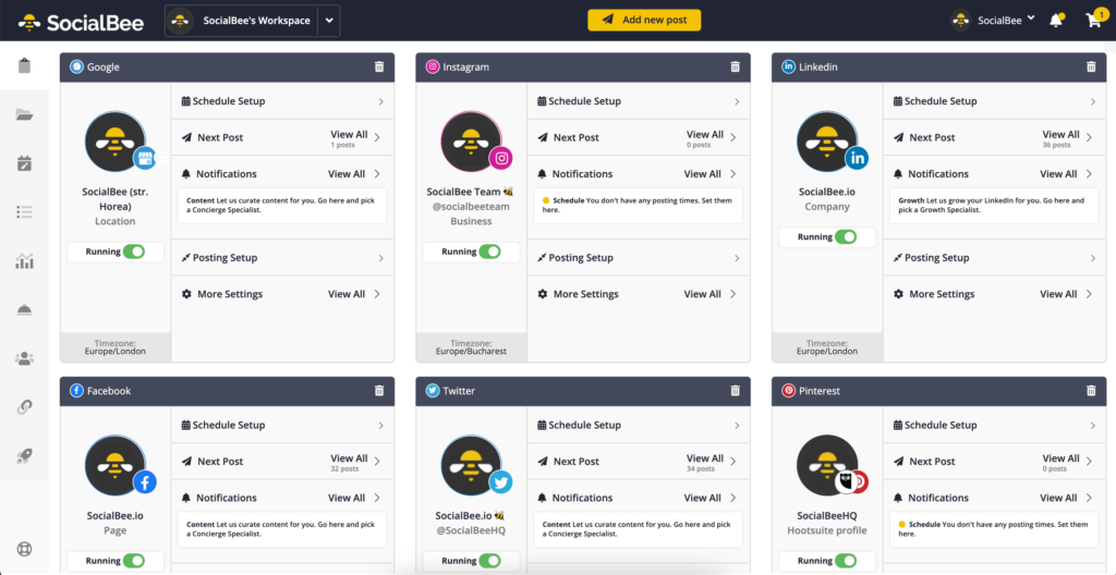 outil de médias sociaux SocialBee Tableau de bord