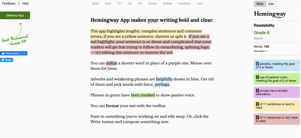 Hemingway App content creation platform