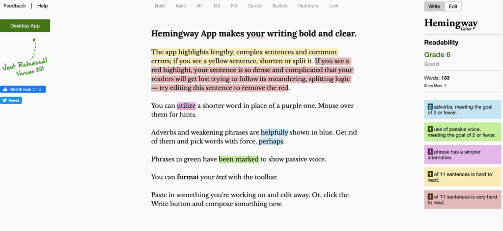 Hemingway App plateforme de création de contenu