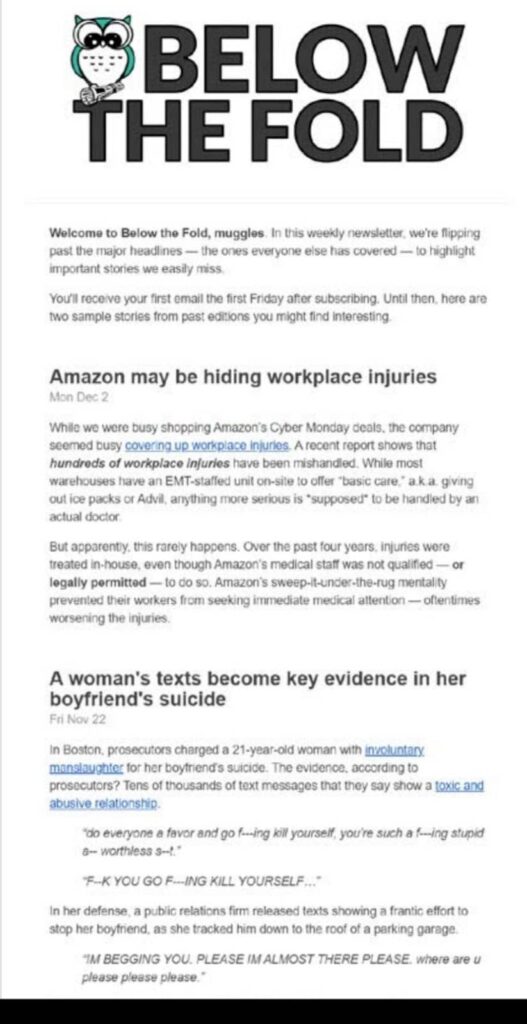 write email newsletters below the fold example