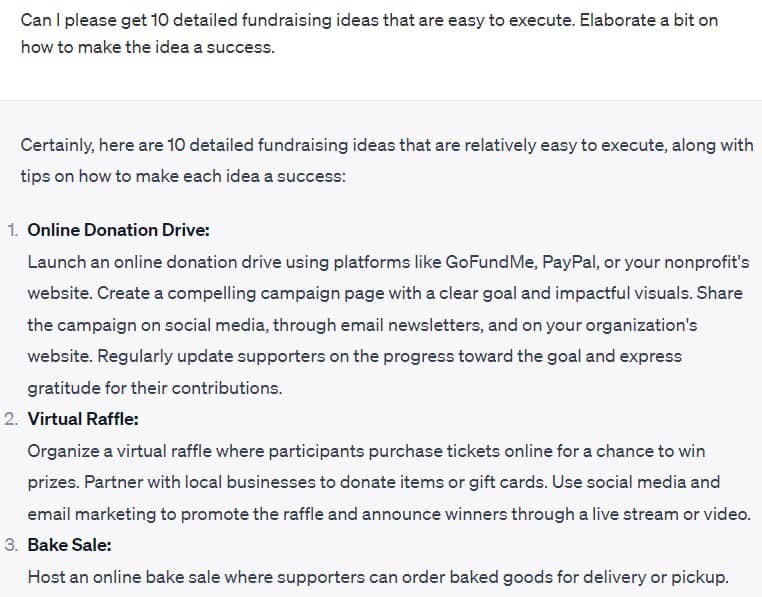 ChatGPT Easy Fundraising Idea Generator Example