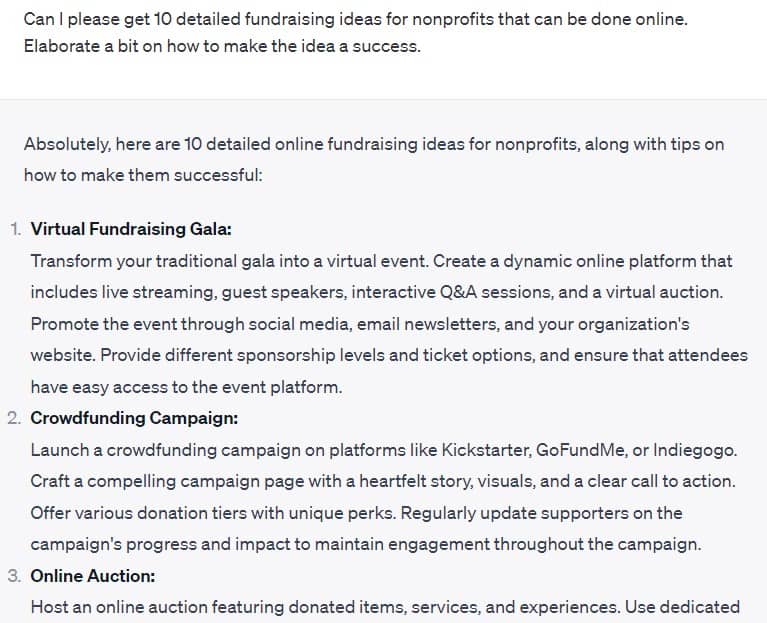ChatGPT Online Fundraising Idea Generator Example
