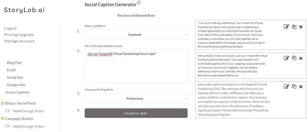 Online Nonprofit Fundraising Social Media Caption Generator Example