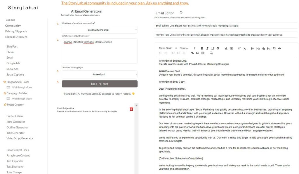 StoryLabAI AI Email Copy Generator Example