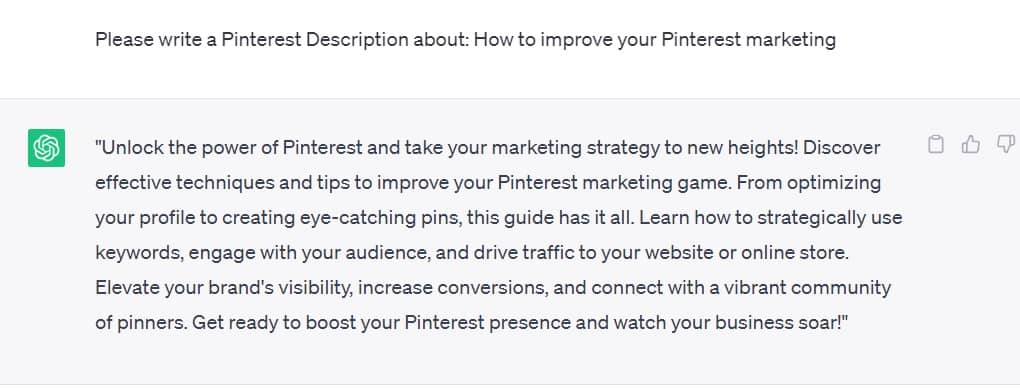 ChatGPT AI Pinterest Description Generator Example