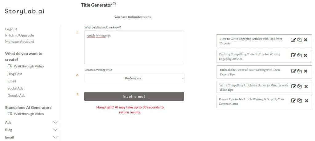 StoryLabAI AI Blog Title Generator Example