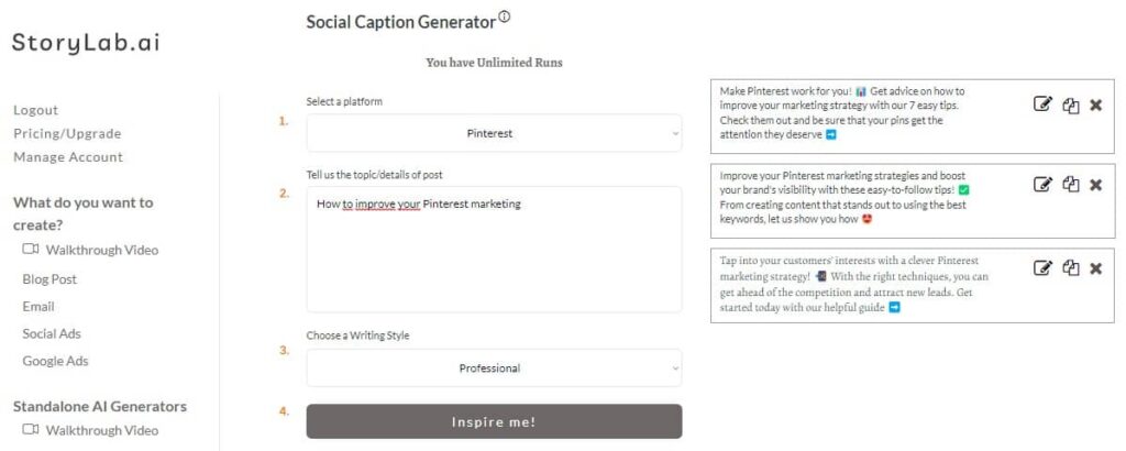 StoryLabAI AI Pinterest Description Generator Example