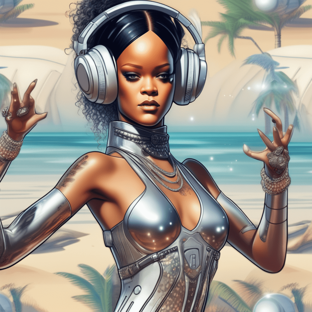 AI Rihanna photo half android, dancing on a futuristic beach, extremely detailed