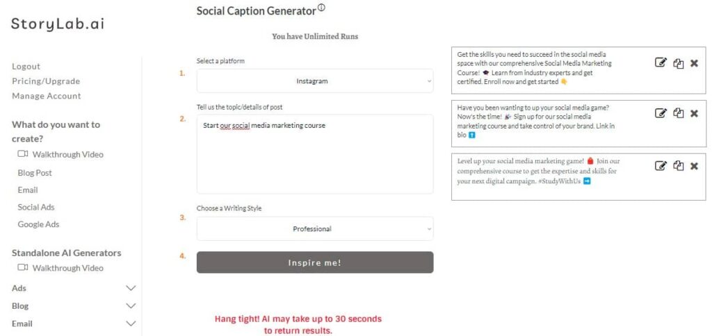 AI Social Media Caption Generator Example