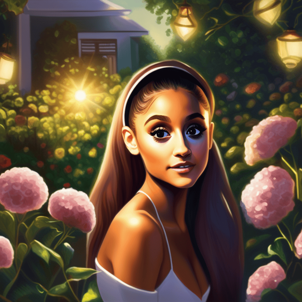 Beautiful Ariana Grande photo generated by AI in a garden, sun shining bright at night, volumetric lighting, flat lighting photo, oil painting, extremely detailed