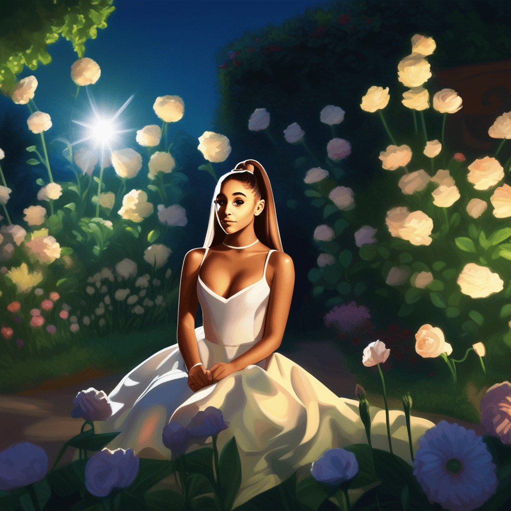 Beautiful Ariana Grande photo generated by AI in a garden, sun shining bright at night, volumetric lighting, flat lighting photo, oil painting