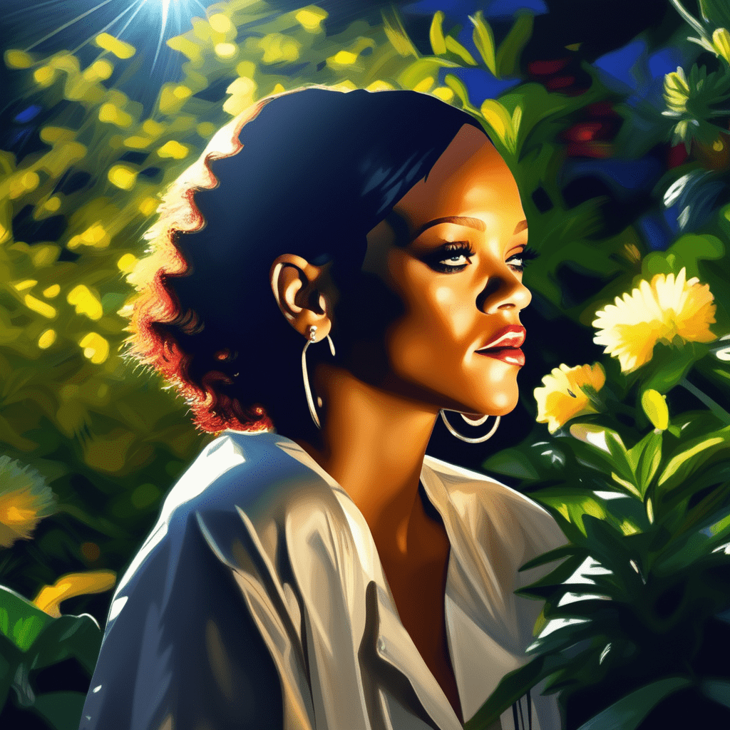 Beautiful Rihanna AI Picture in a garden, sun shining bright at night, volumetric lighting, flat lighting photo, oil painting