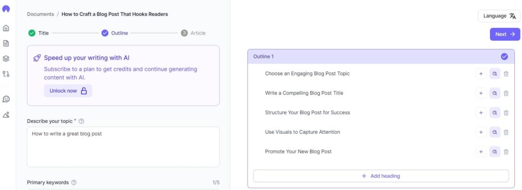 Hypotenuse AI Blog Outline Generator