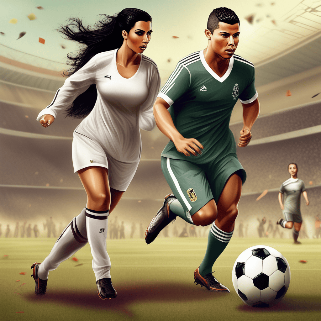 Kim Kardashian Playing Soccer with Christiano Ronaldo Art Example Text To Image Generator