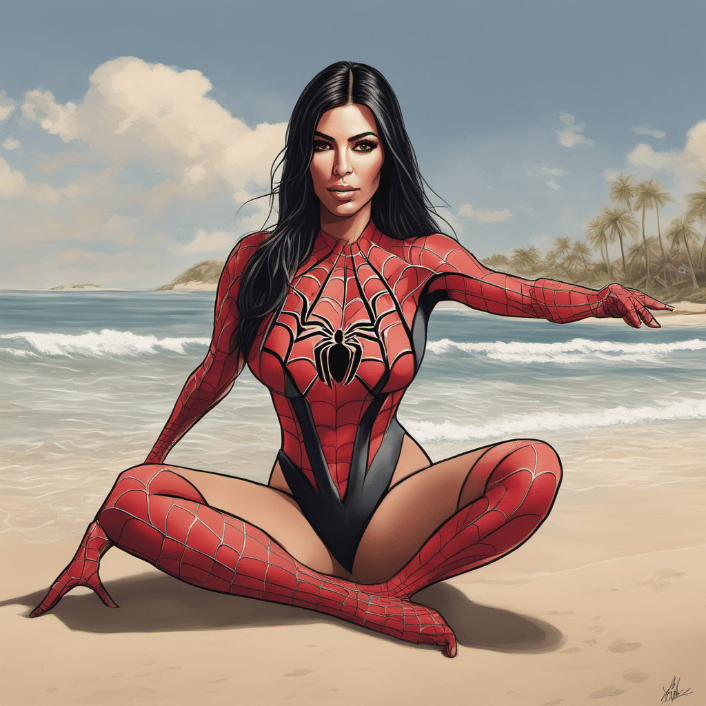 Kim Kardashian as Spiderwoman on a sunny beach AI Art Example Text To Image Generator