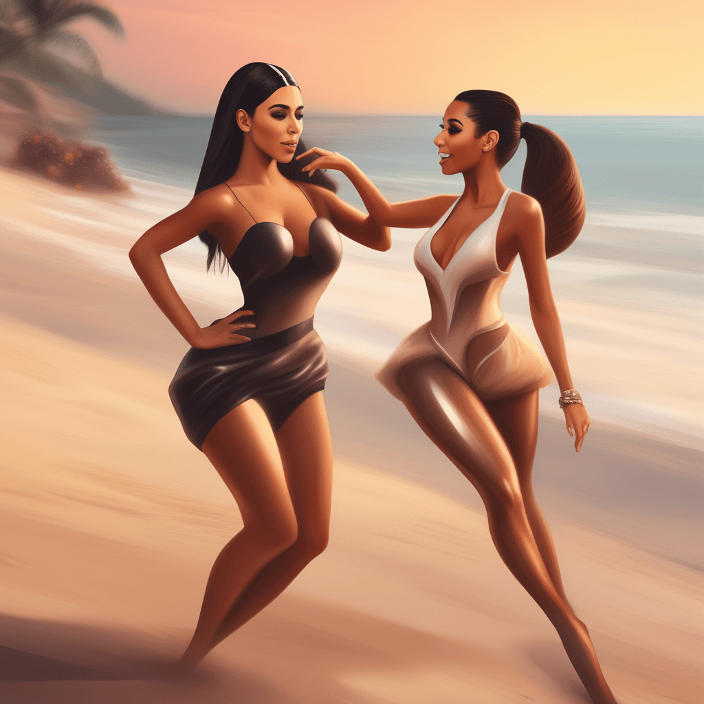 Kim Kardashian dancing on a beach with Ariana Grande Art Example Text To Image Generator