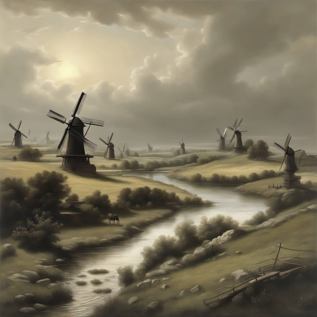 Landscape AI Art Landscape of Windmills highly detailed in the style of Albert Bierstadt