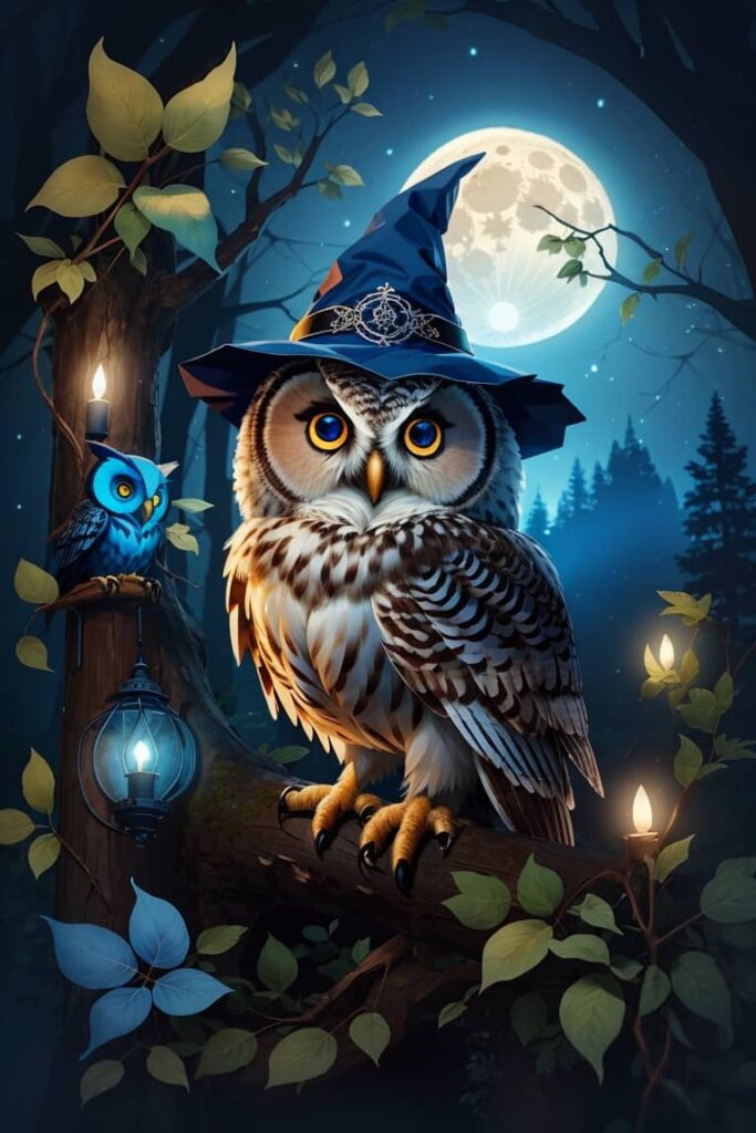 Owl AI Art Cute Witch Owl at night