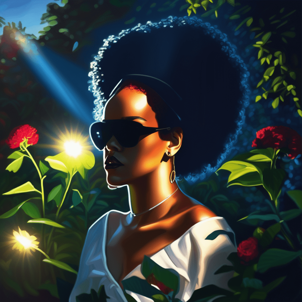Rihanna AI Picture in a garden, sun shining bright at night, volumetric lighting, flat lighting photo, oil painting