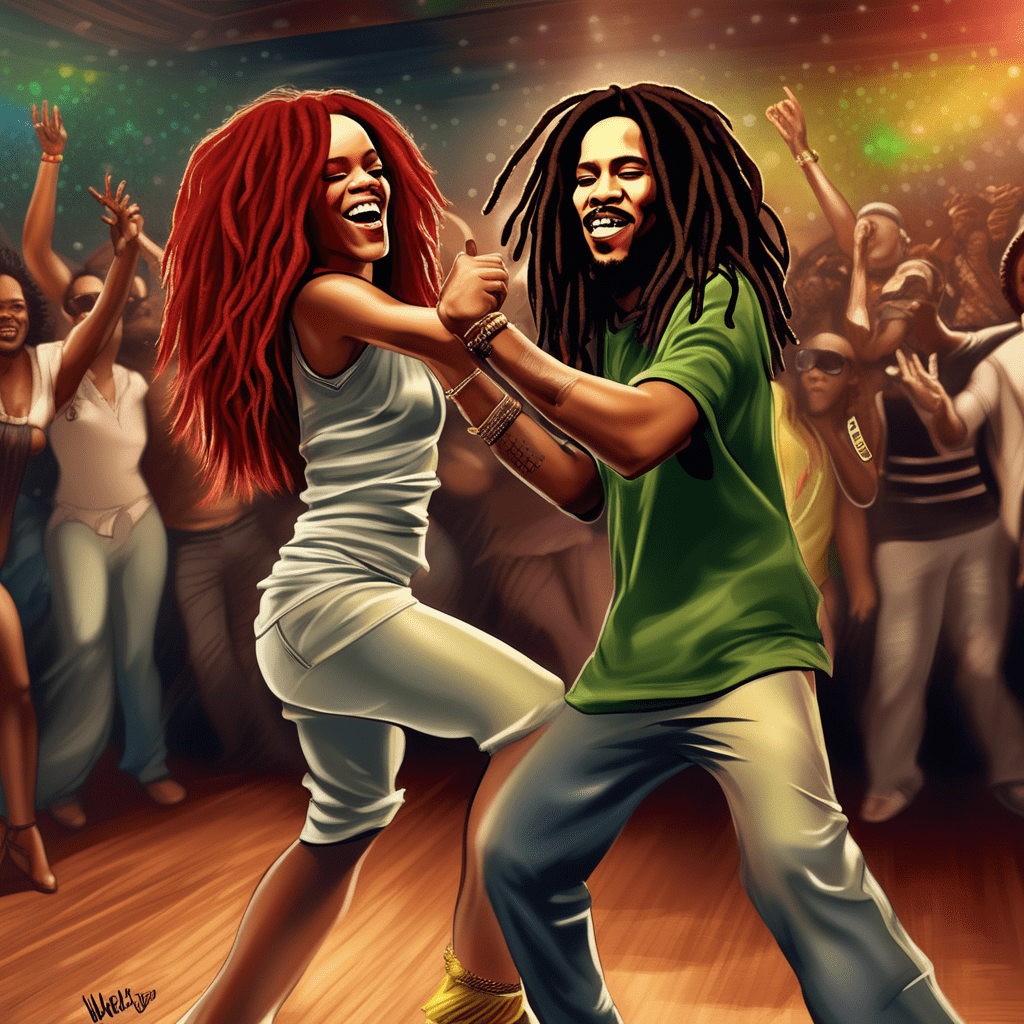 Rihanna dançando com Bob Marley, arte digital extremamente detalhada gerada por IA