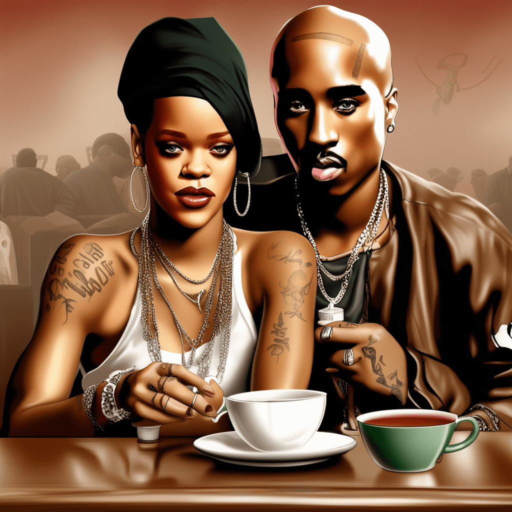 Rihanna drinking tea with Tupac digital art generated by AI