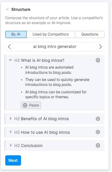 Semrush ContentShake AI Blog Outline Generator Example