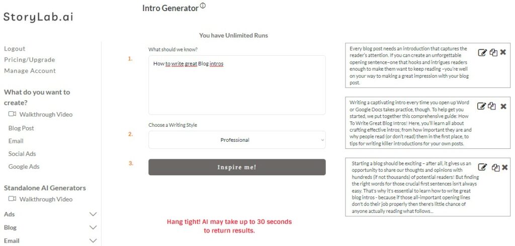 StoryLab AI Blog Intro Generator Example