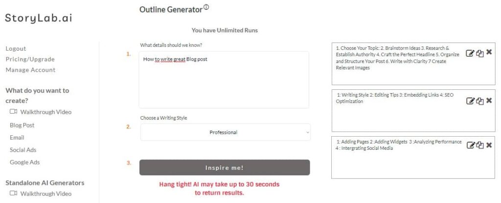 StoryLab AI Blog Outline Generator output Example