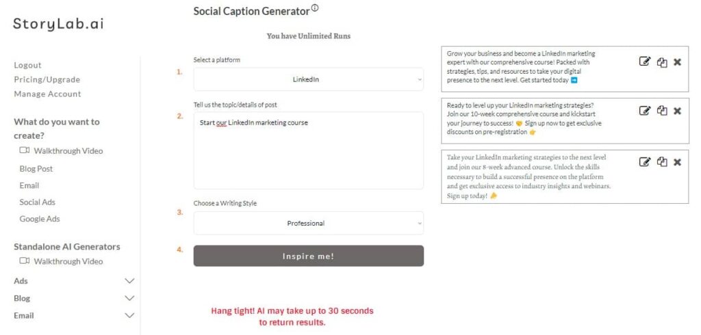 AI LinkedIn Caption Generator Example Outputs