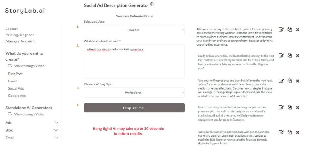 AI Social Media Ad Copy Generator Example
