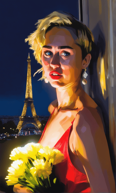 Miley Cyrus AI Art In Paris Holding Flowers
