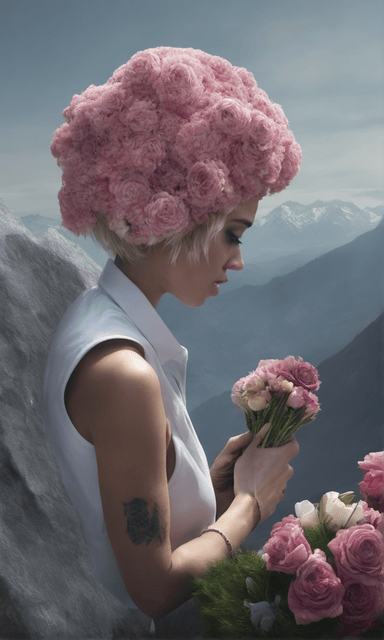 Miley Cyrus AI Art buying herself flowers on a mountain