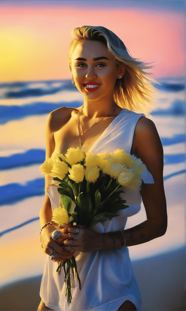 Miley Cyrus AI Art on a Beach Holding Flowers