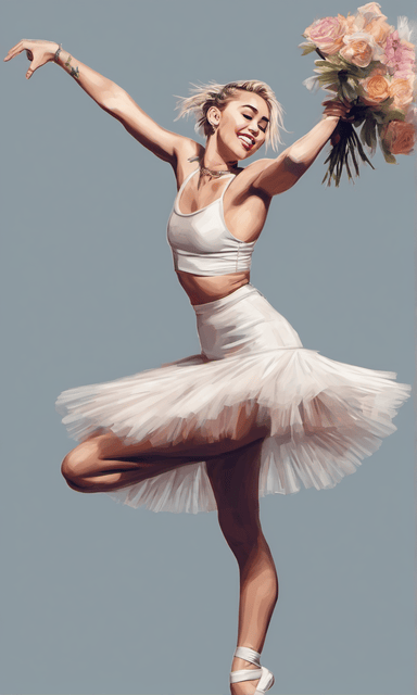 Miley Cyrus gracefully dancing ballet holding flowers AI Art
