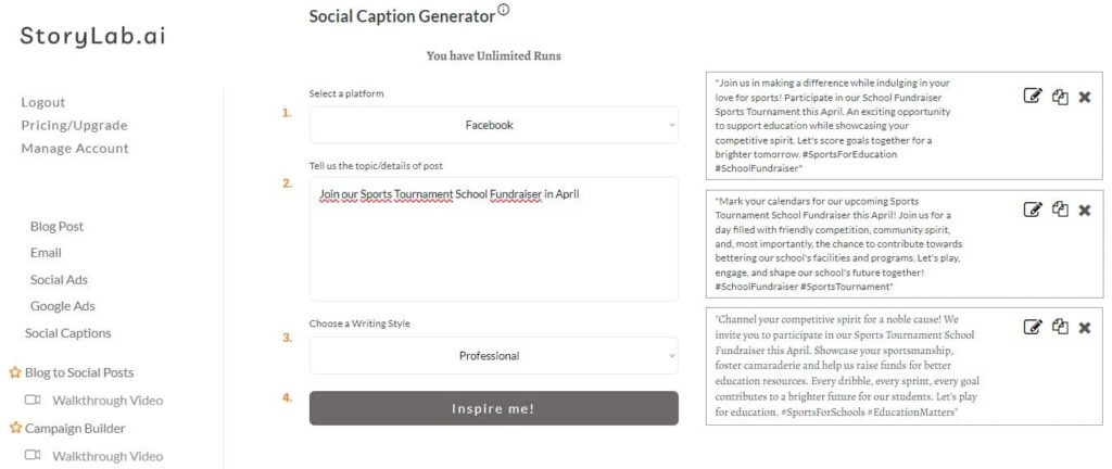 School Fundraising Social Media Caption Generator Example