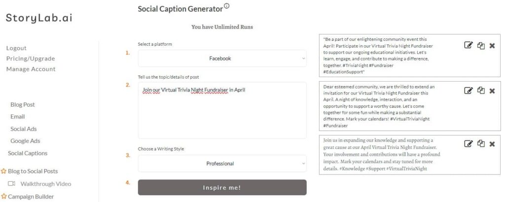 Simple Fundraising Social Media Caption Generator Example