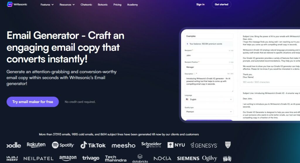 Writersonic AI Email Copy Generator