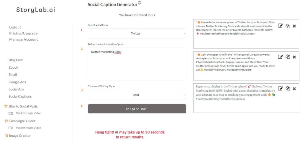 AI Twitter Caption Generator Output Example