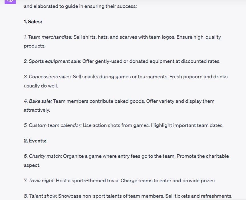 ChatGPT Sports Team Fundraising Idea Generator Example