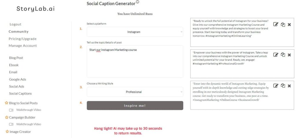 StoryLabAI AI Instagram Caption Generator Output Example