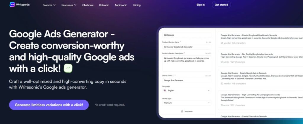 Writesonic AI Google Ad Headline Generator Example