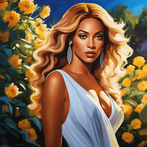 AI Art Beyonce Example in a garden, sun shining bright at night, volumetric lighting, flat lighting photo, oil painting