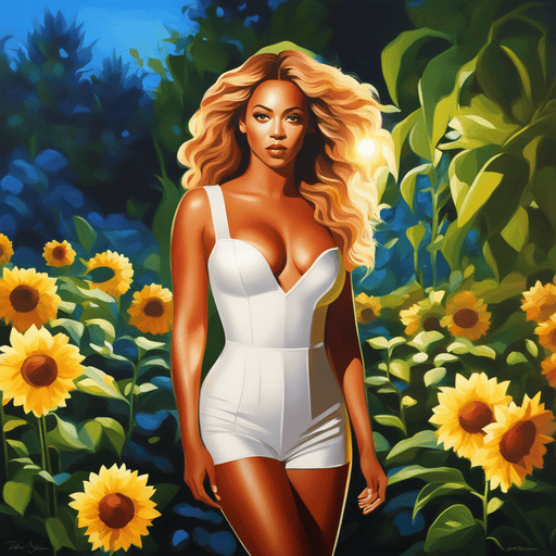 AI Art Beyonce in a garden, sun shining bright at night, volumetric lighting, flat lighting photo, oil painting