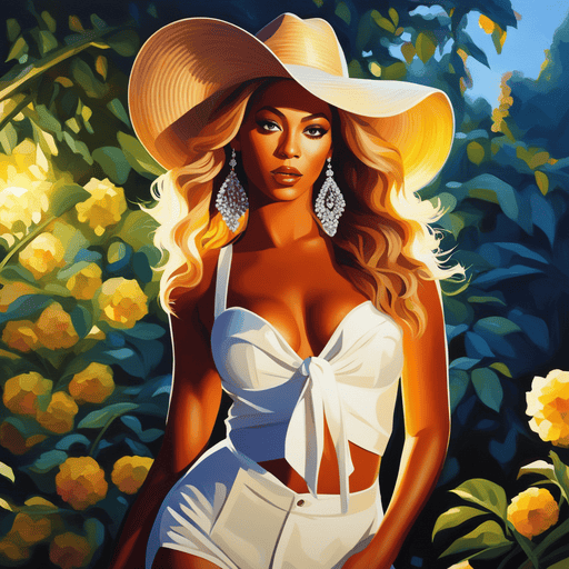 AI Art Example Beyonce in a garden, sun shining bright at night, volumetric lighting, flat lighting photo, oil painting