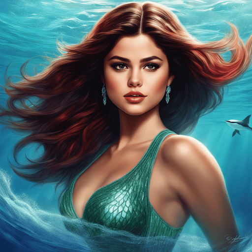 Beautiful Selena Gomez AI Art as Ariel, swimming in the sea, extremely detailed, digital art