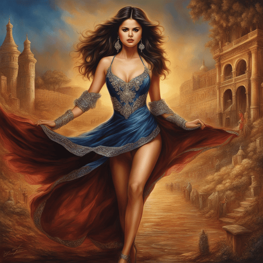 Beautiful Selena Gomez AI Art, dancing, extremely detailed, style of Adonna Khare