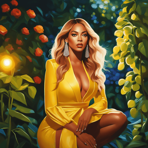 Beyonce in a garden, sun shining bright at night, volumetric lighting, flat lighting photo, oil painting AI Art